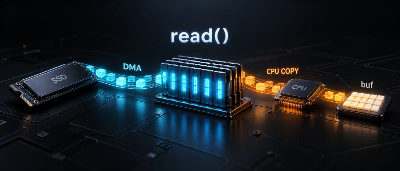 An SSD transferring data by DMA into host memory, followed by a CPU copy into the application's buffer