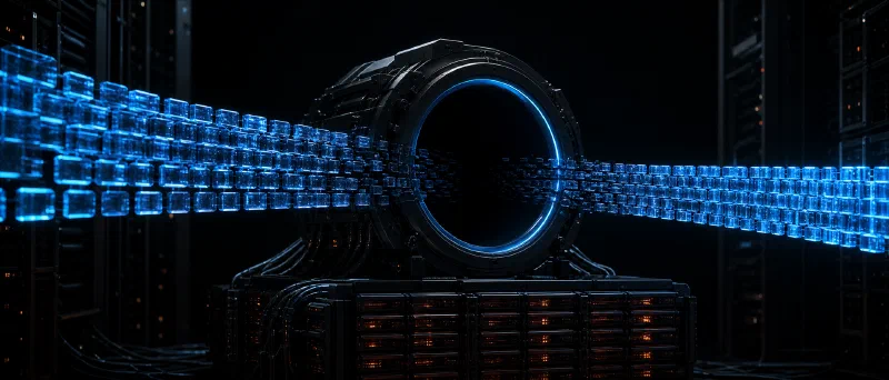 A stream of data blocks flowing through a large circular context window in a dark server room