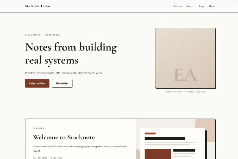 Stacknote demo homepage with serif headings, clay-colored accents, and a featured article card